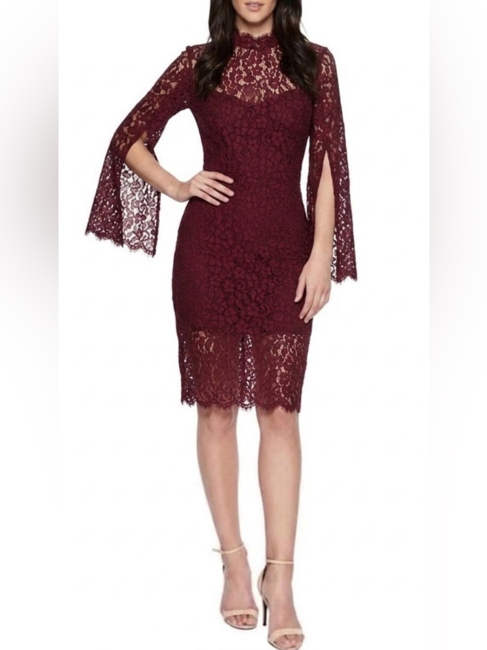 NWT Nordstrom Bardot Lace Midi Dress in Burgundy with Cape Sleeves 6
